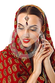 Beautiful Woman in Indian Traditional Clothes And Accessories