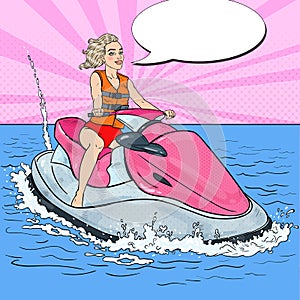 Beautiful Woman on Jet Ski. Water Sports. Pop Art illustration