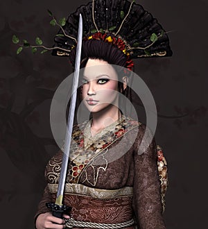 Beautiful woman in kimono holding a sword