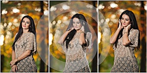 Beautiful woman in lace blouse posing in autumnal park. Young brunette woman spending time in forest during fall season