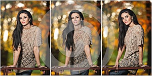 Beautiful woman in lace blouse posing in autumnal park. Young brunette woman spending time in forest during fall season