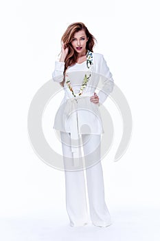 Beautiful woman lady spring autumn collection glamor model business office fashion clothes wear casual style white color suit