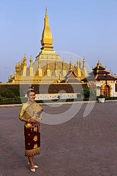 Beautiful Woman Laos Ethnic Clothing Smiling Pha That Luang Buddhist Stupa Vientiane Asia