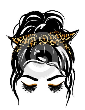 Beautiful woman with leopard beautiful lashes and cheetah print bandana