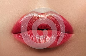 Beautiful Woman Lips with Fashion Lipstick Makeup. Cosmetic, Fashion Make-Up Concept. Beauty Lip Visage. Passionate kiss