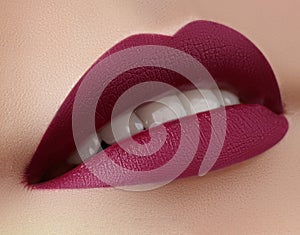 Beautiful Woman Lips with Fashion Marsala Vine Color Lipstick. Cosmetic, Make-Up Concept. Beauty Visage. Passionate kiss