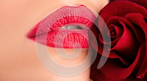 Beautiful woman lips mouth with rose, banner.
