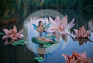 A beautiful woman a little fabulous fairy with butterfly wings sits on green water lily leaf. Fantasy scenery of huge