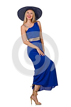 Beautiful woman in long blue dress isolated on