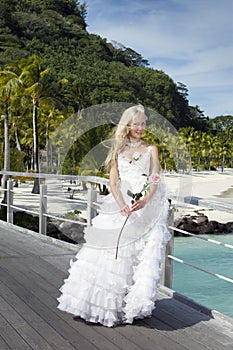 The beautiful woman in a long dress of the bride on the wooden bridge on the tropical island