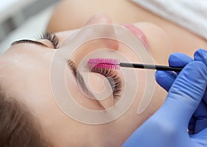 Beautiful Woman with long eyelashes in a beauty salon.