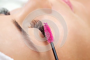 Beautiful Woman with long eyelashes in a beauty salon.