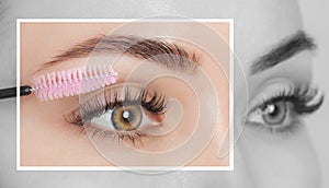 Beautiful Woman with long eyelashes in a beauty salon. Eyelash extension procedure. Cosmetology skin care