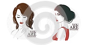 Beautiful woman with long hair, hand drawn line vector fashion illustration