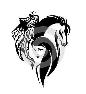 Woman and winged pegasus horse spirit black and white vector head portrait