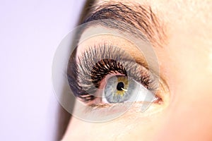 Beautiful Woman with long lashes in a beauty salon. Eyelash extension.