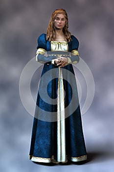 Beautiful woman with long red hair wearing a blue, cream and gold Renaissance style dress