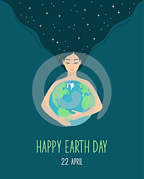 Beautiful woman with long starry hair and closed eyes hugging planet Earth. Flat vector illustration