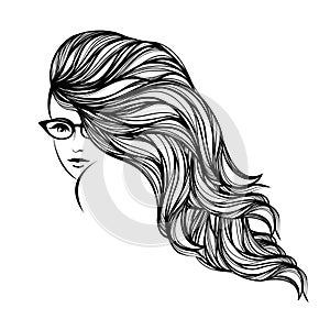 Beautiful woman with long, wavy hair, wearing eyeglasses. Style and beauty vector illustration.