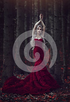 Beautiful woman with long white hair posing in a luxurious red dress with a long train standing in a autumn pine forest