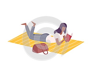 Beautiful Woman Lying on a Blanket and Reading Book, Girl Relaxing Outdoors Flat Vector Illustration