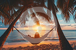 Beautiful woman lying in a hammock on tropical beach at sunset. Generative AI