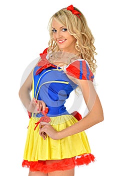 Beautiful woman in masquerade snow white dress.