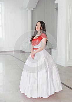 Beautiful woman in medieval dress with crinoline in the hall