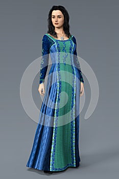 Beautiful Woman in a medieval fantasy style blue and green long dress