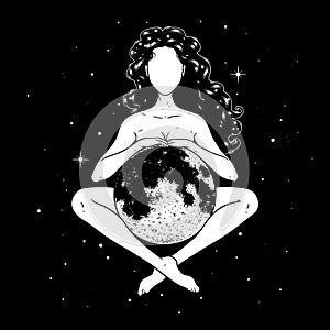 Beautiful woman meditating with full moon in space, goddess symbol. Vector illustration photo