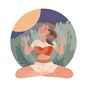 Beautiful woman meditating in Lotus pose against nature background. Girl practicing yoga and breathing exercise cartoon