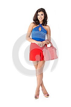 Beautiful woman in mini skirt smiling