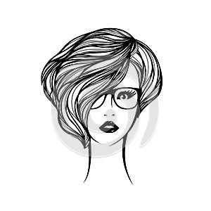 Beautiful woman with modern hairstyle, big eyes and bold makeup, wearing eyeglasses. Style and beauty vector illustration.