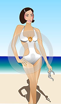 Beautiful Woman in Monokini on Beach photo