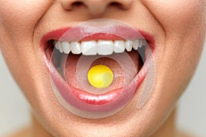 Beautiful Woman Mouth With Pill On Tongue. Girl Taking Medicine
