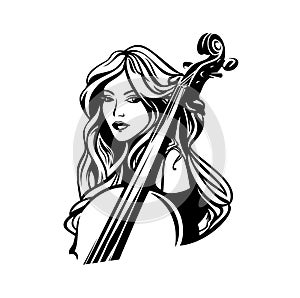 Beautiful woman musician and cello instrument black and white vector outline