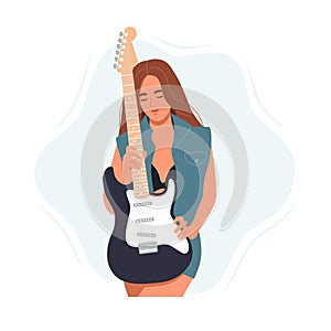 Beautiful woman musician playing electric guitar. Modern girl guitarist with musical rock instrument. Female rocker