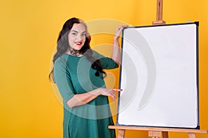 Beautiful woman near a blank whiteboard