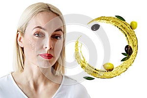 Beautiful woman near circulate olive oil. Skincare concept.