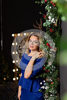 Beautiful woman with in a New Year s interior. Christmas Eve.