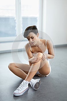 Beautiful Woman With Painful Feeling, Pain In Knee. Health Issue