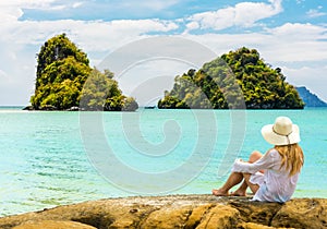 Beautiful woman on paradise Ao Nang Krabi beach Thailand