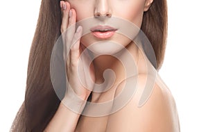 Beautiful woman part of face nose chin and shoulders touching her face by fingers close up portrait isolated on white