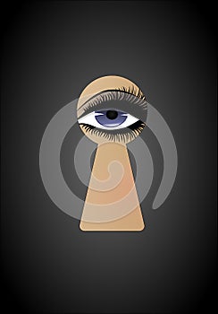 Beautiful woman is peeking into the keyhole, vertical, vector