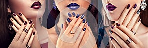 Beautiful woman with perfect make-up and blue manicure wearing jewellery. Beauty and fashion concept