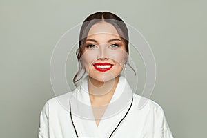 Beautiful woman with perfect smile on white background