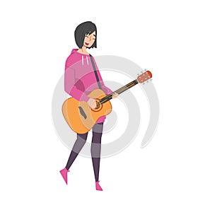 Beautiful Woman Playing Acoustic Guitar, Girl Musician Playing Strings at Musical Performance Cartoon Style Vector