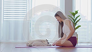 Beautiful woman playing with her cute dog Pug breed and said bang to her dog feeling so playful and cheerful,Pretty asian girl