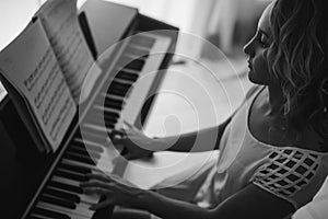 Beautiful woman playing piano. Black and white