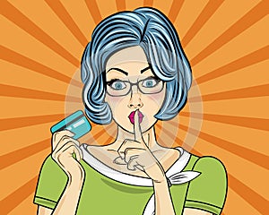 Beautiful woman in pop art style with credit card showing hand